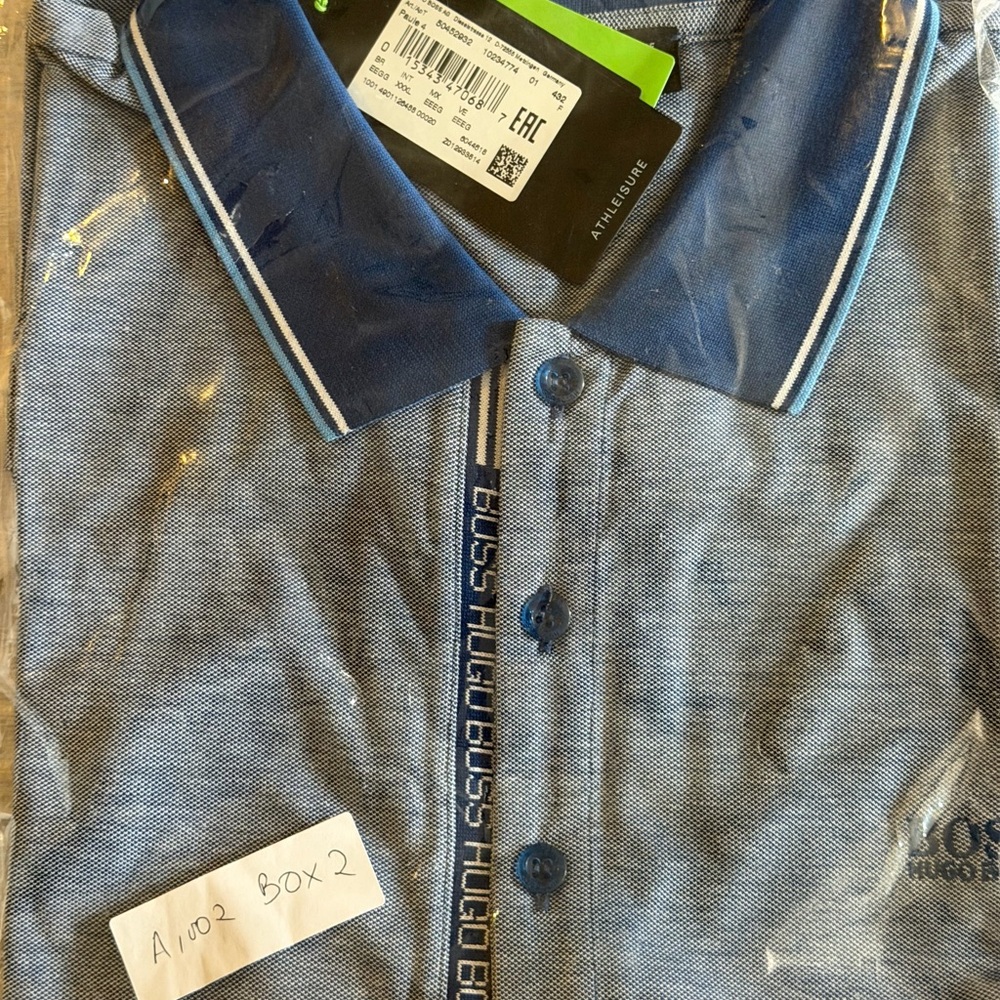 Hugo Boss Blue and Gray Contrast-Collar Polo